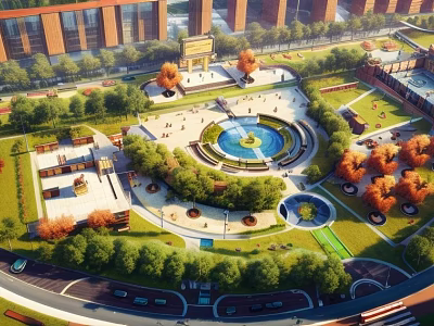Beautiful City Park Landscape Featuring Central Fountain Green Lawns Winding Paths And Autumn Trees 3d model