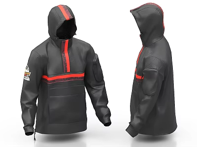 Black Hooded Jacket With Red Stripes And Sleeve Patch Stylish Design 3d model