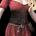 Blonde Woman In Red Off Shoulder Dress With Brown Corset And Boots From Multiple Angles