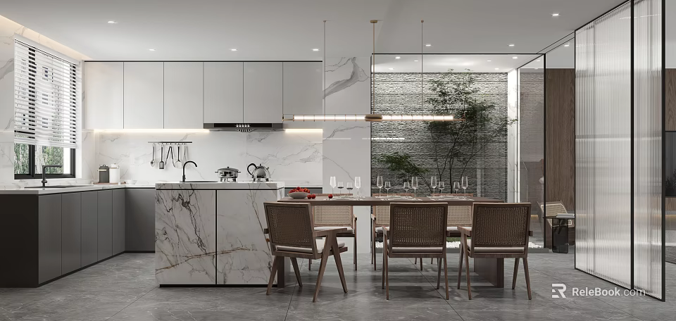 Modern Kitchen Design With Marble Island Cabinets Dining Table And Hanging Lights 3d model 