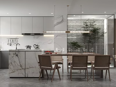 Modern Kitchen Design With Marble Island Cabinets Dining Table And Hanging Lights 3d model