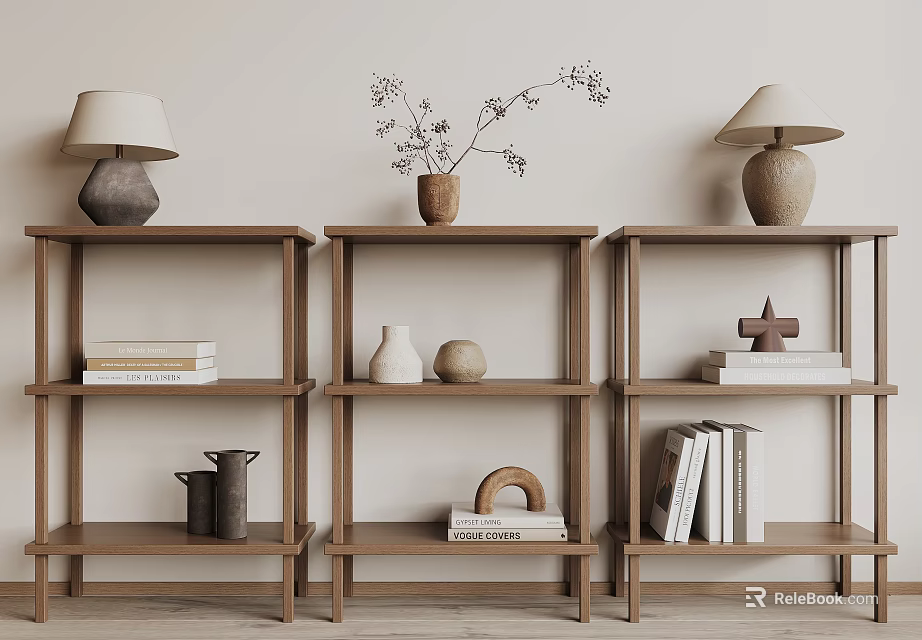 Minimalist Wooden Shelving Units with Books Decorative Items Vase and Table Lamp for Home Storage 3d model 