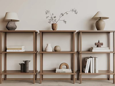 Minimalist Wooden Shelving Units with Books Decorative Items Vase and Table Lamp for Home Storage 3d model