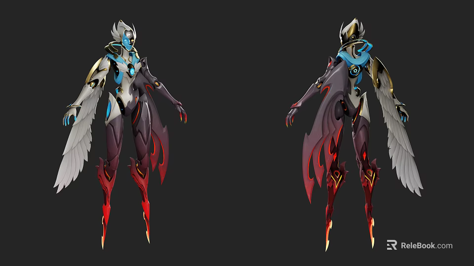 Game and Movie Character Futuristic Design with White Wings Blue Accents and Red Details 3d model 