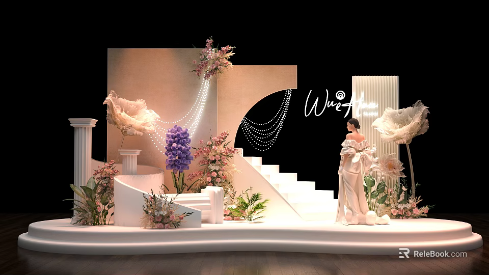Elegant Wedding Photo Spot With White Stairs Pink Purple Flowers Wow Lettering And Decorative Columns 3d model 