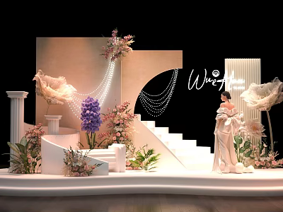 Elegant Wedding Photo Spot With White Stairs Pink Purple Flowers Wow Lettering And Decorative Columns 3d model