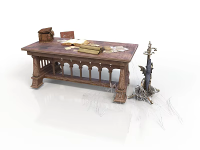 Vintage Medieval Building Interior With Antique Wooden Desk Scrolls And Cobweb Candlestick 3d model
