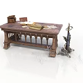 Vintage Medieval Building Interior With Antique Wooden Desk Scrolls And Cobweb Candlestick