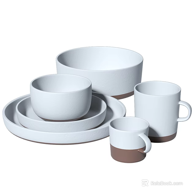 Minimalist White Dinnerware Set Featuring Bowls Plates Mugs And Brown Base 3d model