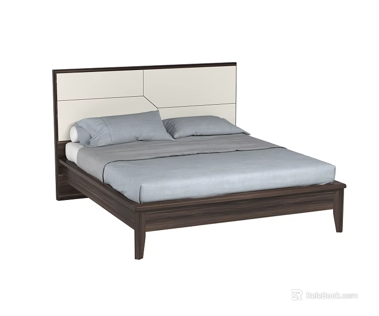 Modern Double Bed With Dark Wood Frame And White Upholstered Headboard Gray Sheets 3d model