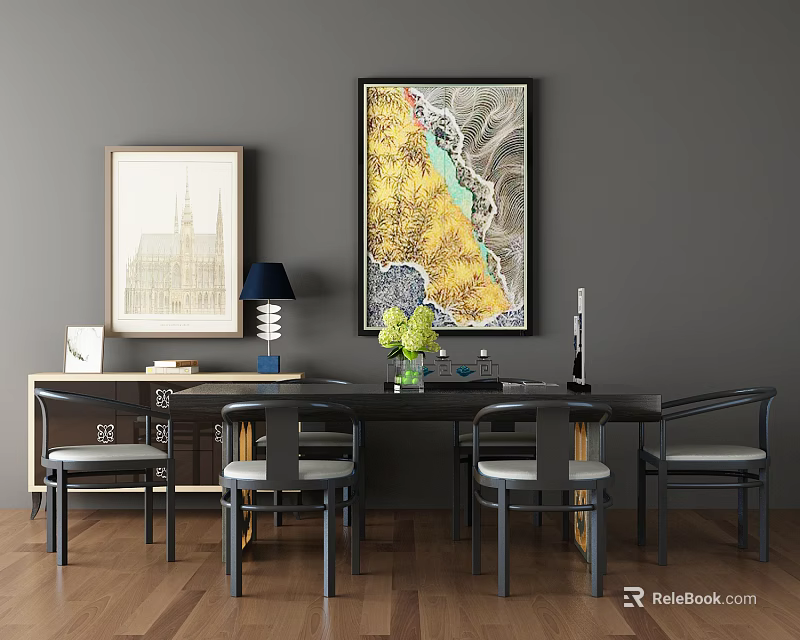 Table and Chair Set with Dark Gray Walls Wooden Flooring Decorative Artworks and Green Plants 3d model 