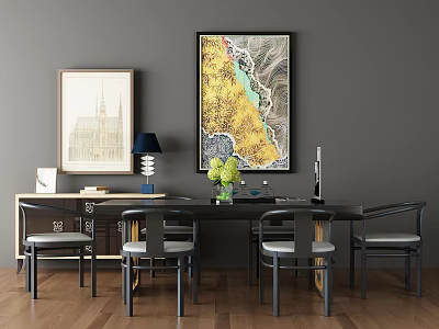 Table and Chair Set with Dark Gray Walls Wooden Flooring Decorative Artworks and Green Plants 3d model