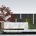 Black Stone Feature Wall With Red Maple Tree Greenery Water Pool And Wooden Deck