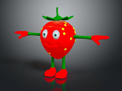 Cartoon Strawberry Character With Green Leaves Red Body Arms And Legs Big Eyes 3d model