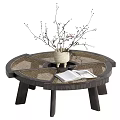 Round Wooden Coffee Table With Lattice Top White Vase And Open Magazine