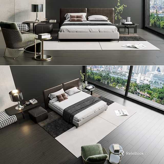 Modern Double Bed Background With Armchair Bedside Table Lamp City View And Rug 3d model 
