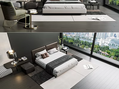 Modern Double Bed Background With Armchair Bedside Table Lamp City View And Rug 3d model