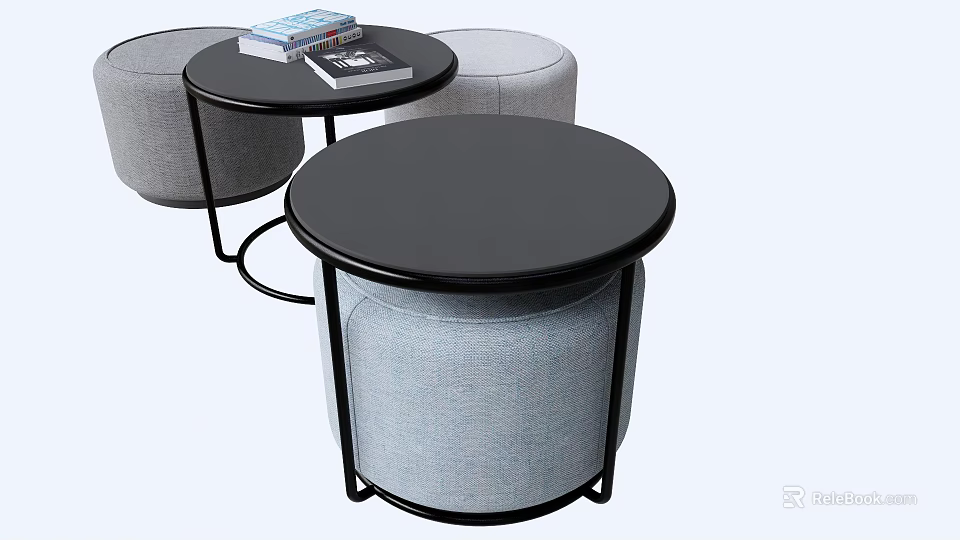Public Office Area With Round Black Tables Gray Padded Stools And Books On Top 3d model 