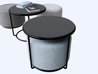 Public Office Area With Round Black Tables Gray Padded Stools And Books On Top 3d model