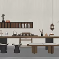 New Chinese Style Tea Table and Chair Tea Table Tea Set Bench Low Stool Combination Niche Vase Flower Art 3d model