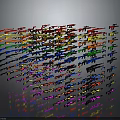 Colorful Firearms Arranged in Wave Pattern With Various Colors Against Gray Background Showing Reflection Effect