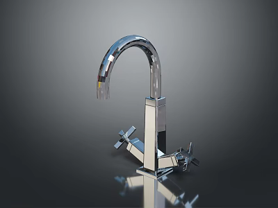Modern Silver Curved Household Faucet With Dual Handles And Shiny Surface 3d model