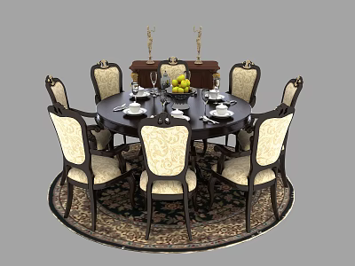 Elegant Round Dining Table Set With Six Patterned Chairs Tableware Fruits And Candlesticks On Sideboard 3d model