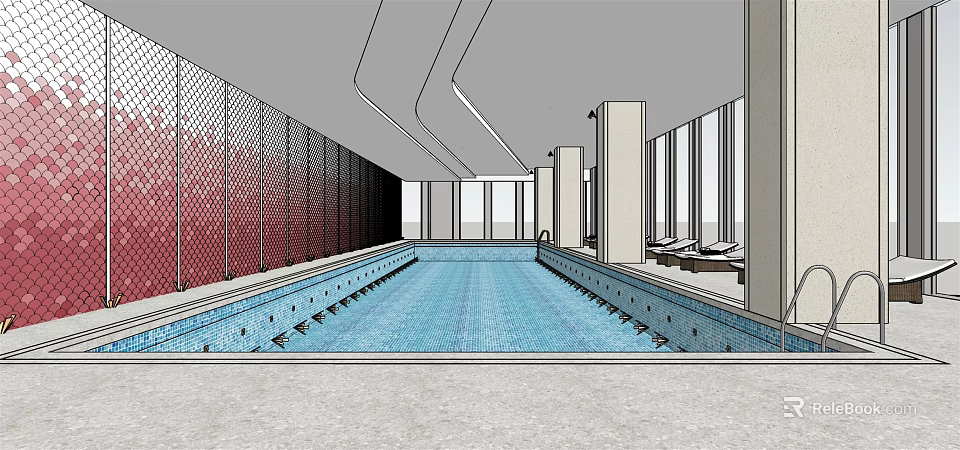 Indoor Swimming Pool With Large Windows Lounge Chairs And Red Wall Panels 3d model 