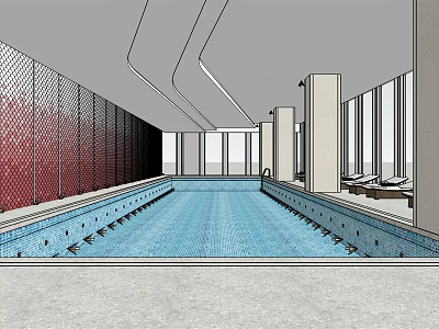 Indoor Swimming Pool With Large Windows Lounge Chairs And Red Wall Panels 3d model