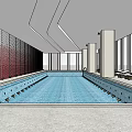 Indoor Swimming Pool With Large Windows Lounge Chairs And Red Wall Panels