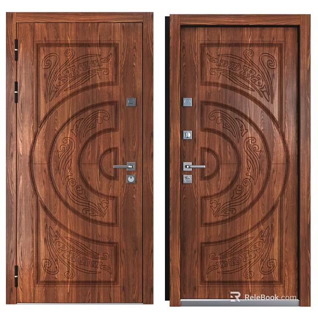 Wooden Double Security Door With Intricate Carved Patterns And Decorative Design 3d model 