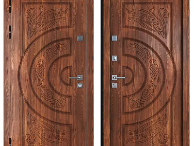 Wooden Double Security Door With Intricate Carved Patterns And Decorative Design 3d model