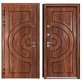 Wooden Double Security Door With Intricate Carved Patterns And Decorative Design