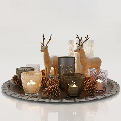 Decorative Tabletop Ornament Set With Reindeer Candles Pinecones And Tray 3d model Decorative Tabletop Ornament Set With Reindeer Candles Pinecones And Tray 3d model