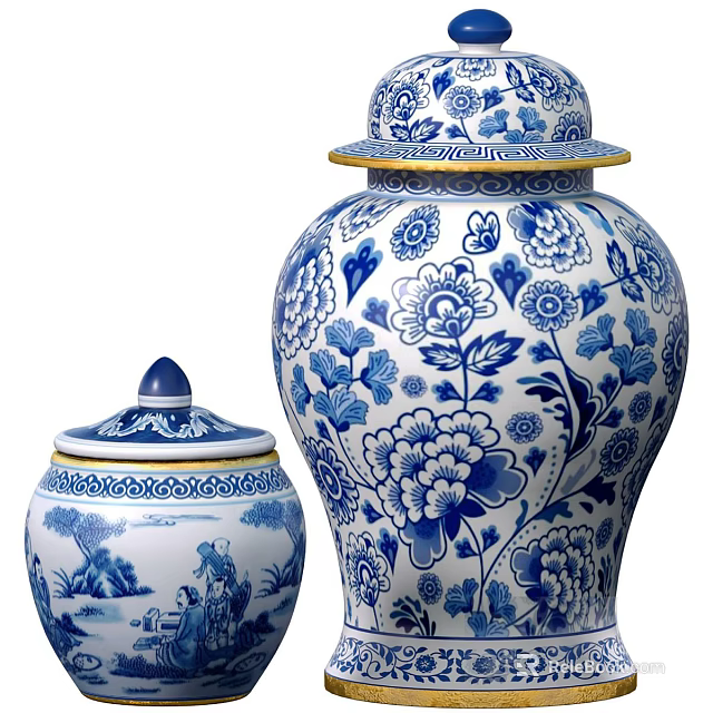 Traditional Blue and White Ceramic Vessels With Floral Patterns And Decorative Lids 3d model 