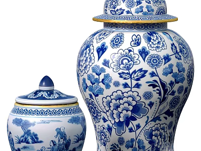 Traditional Blue and White Ceramic Vessels With Floral Patterns And Decorative Lids 3d model