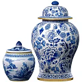 Traditional Blue and White Ceramic Vessels With Floral Patterns And Decorative Lids
