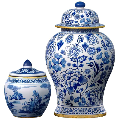 Traditional Blue and White Ceramic Vessels With Floral Patterns And Decorative Lids 3d model