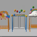 Fun Children's Playground Equipment With Swings Happy Sign Pinwheel Cloud And Rainbow
