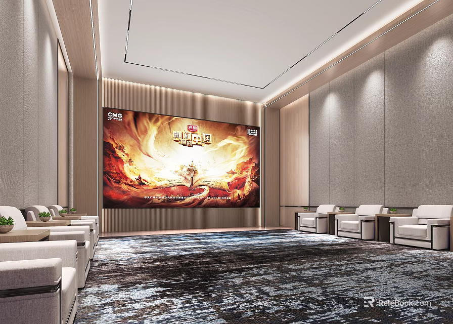 Elegant Hotel Public Lounge Interior With Large Mural White Sofas And Dark Carpet 3d model