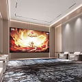 Elegant Hotel Public Lounge Interior With Large Mural White Sofas And Dark Carpet 3d model