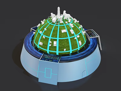 Futuristic Globe Model With Green Surface White Buildings And Blue Tech Rings 3d model