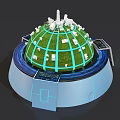 Futuristic Globe Model With Green Surface White Buildings And Blue Tech Rings