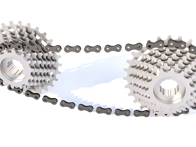 Mechanical Gears And Chain Drive System With Rotating Metal Components 3d model