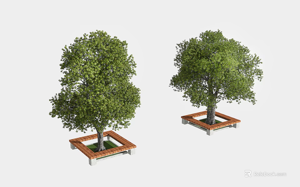 Lush Green Trees Planted On Square Wooden Raised Planter Bases For Outdoor Landscaping 3d model 