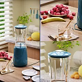 Fresh Plums Bananas And Melon With Blue Blender On Kitchen Table For Healthy Fruit Recipes