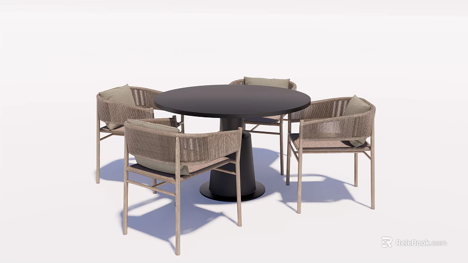 Modern Round Dining Table Set With Black Tabletop And Beige Rattan Chairs 3d model