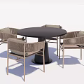 Modern Round Dining Table Set With Black Tabletop And Beige Rattan Chairs 3d model