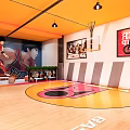 Basketball Court Interior With Orange Ceiling Red Orange Floor Basketball Hoops And Athlete Poster On Wall