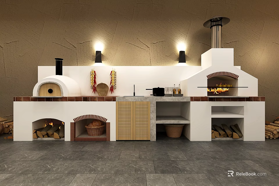 Rustic Kitchen Interior With Brick Ovens Wood Storage Wall Lights And Cabinets 3d model 